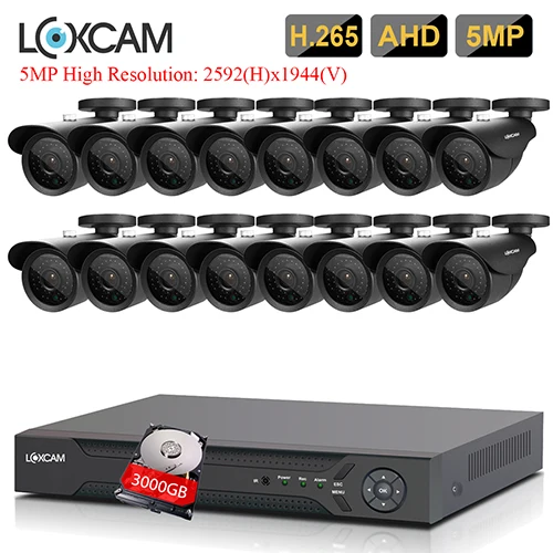 16CH DVR x 16 Camera LOXCAM H.265+ 5MP Ultra HD 16CH 5MP DVR комплект CCTV система безопасности Открытый 5MP EXIR камера ночного видения комплект видеонаблюдения P2P - Цвет: 16CH DVR x 16 Camera