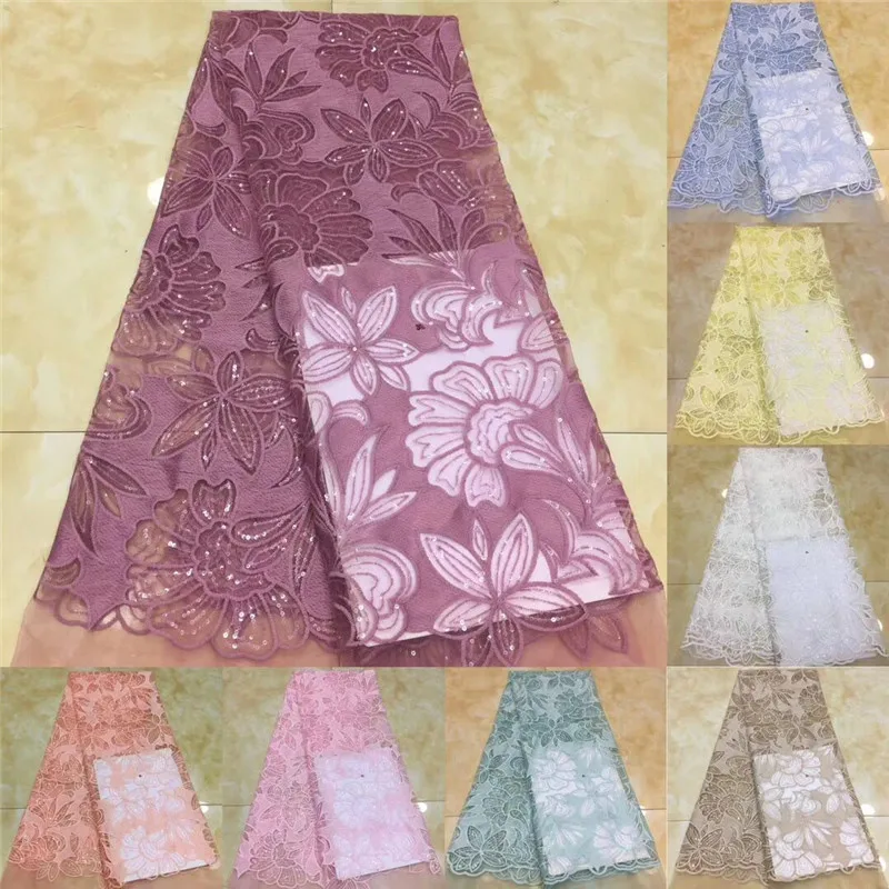 pink Embroidery Leaves Pattern Lace with Sequins Hot Sale African French Tulle Mesh Fabric for Bridal | Дом и сад