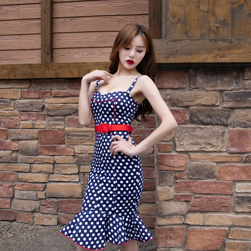 Женское винтажное платье с юбкой годе на тонких бретельках высокой