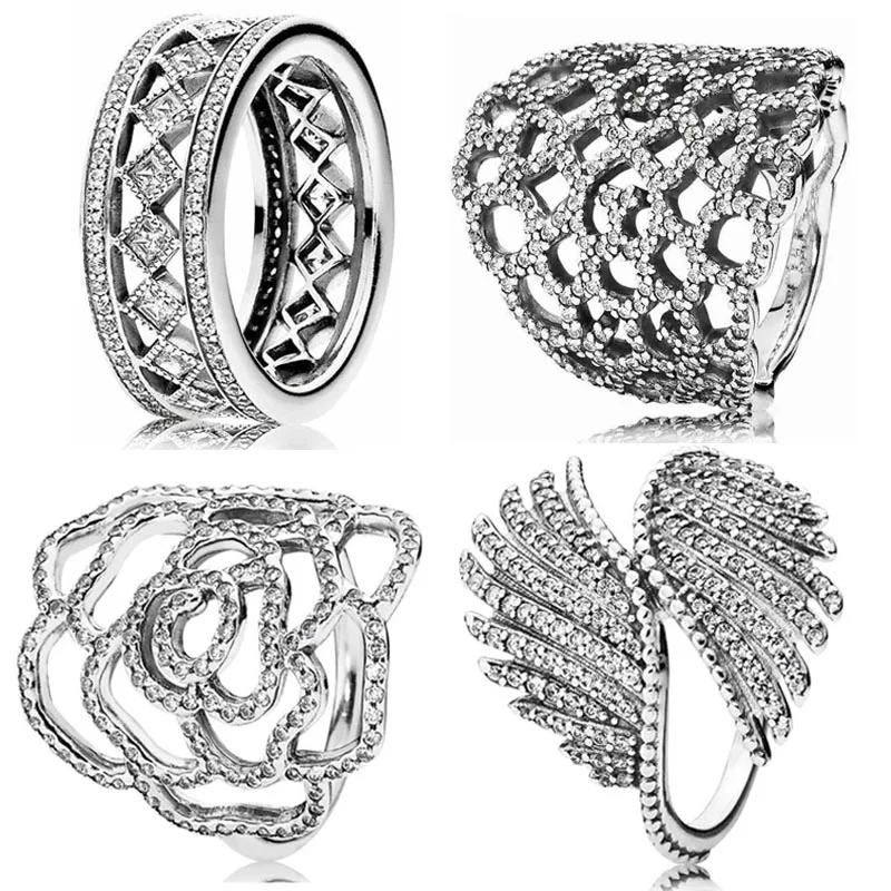 

New 925 Sterling Silver Ring Majestic Feathers Wild Rose Flower Shimmering Lace Fascination Ring For Women Fashion Jewelry