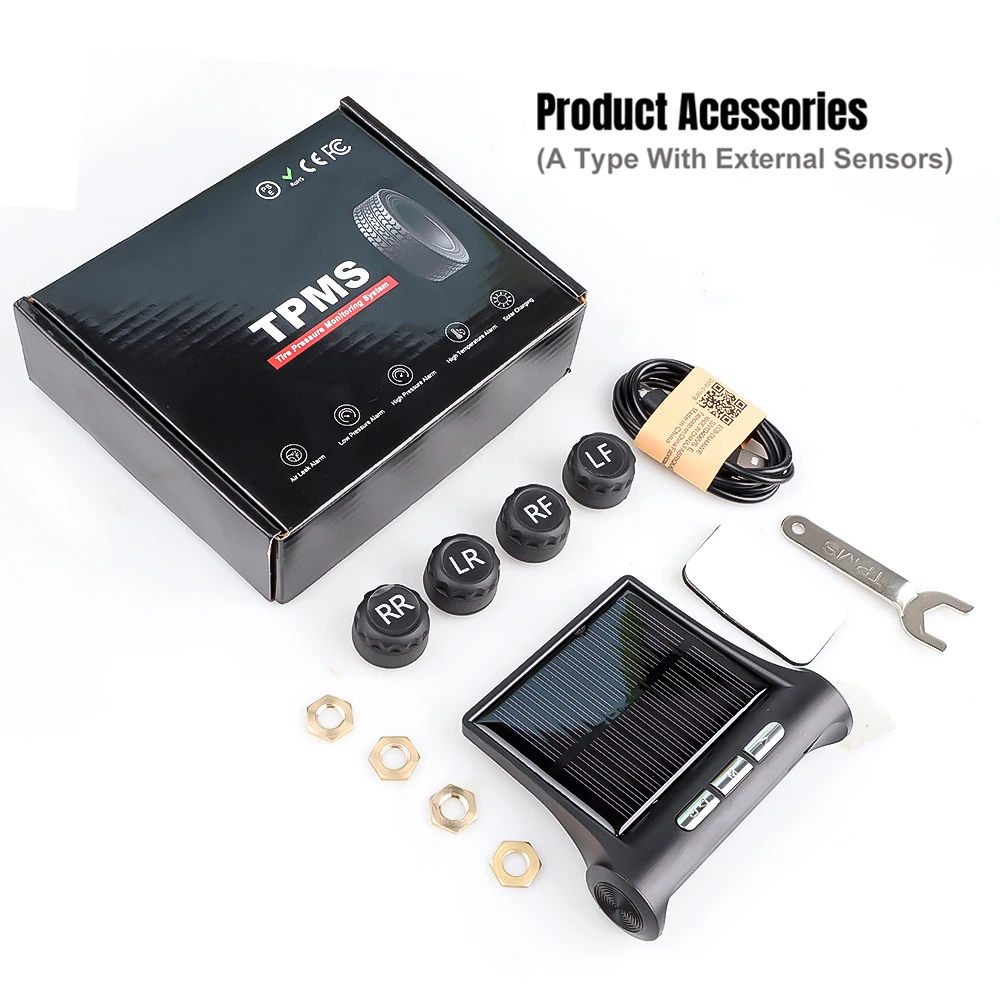 

Интеллектуальная солнечная система контроля давления в шинах TPMS, предупреждение о температуре с 4 внешними датчиками, манометр для автомобильных шин