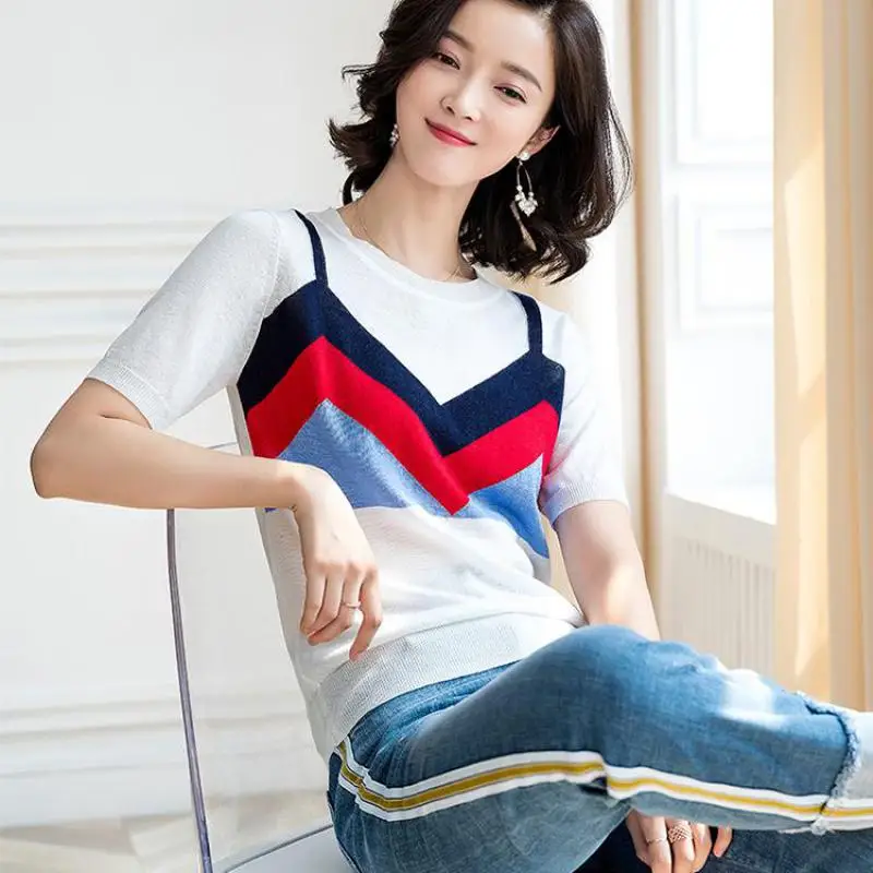Summer Autumn Office Lady Knitted O Neck 2 Color Pullover Fashion Patchwork Short Sleeve Size S-xl Women Sweater Jl-aym1912 | Женская