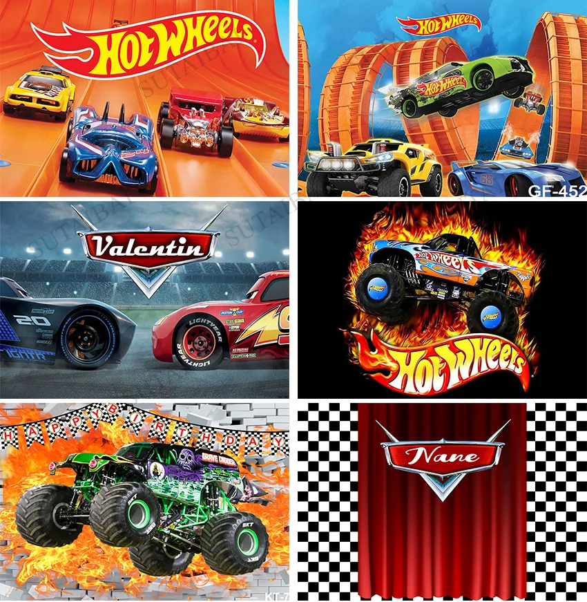 

Hot Wheel Truck Race Car Backdrop Kids Birthday Photography Banner Golden Game Race Car Photo Background Polyester Vinyl Props