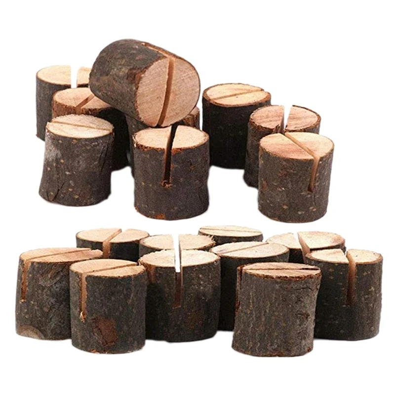 

20 Pcs Rustic Wood Place Card Holders Circular Table Numbers Holder Stand Wooden Bark Memo Holder Card