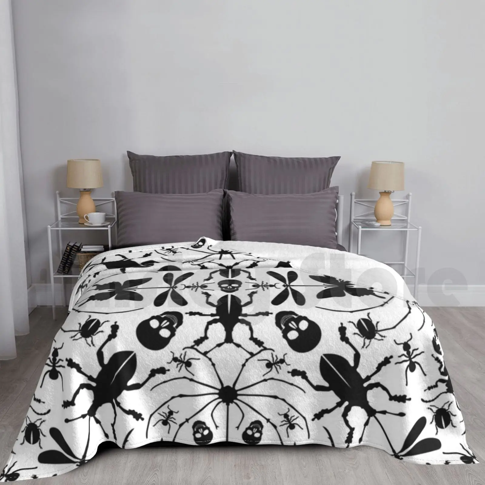 

Black Insects And Skulls On White Blanket For Sofa Bed Travel Insects Beetles Dragonfly Stag Beetle Insect