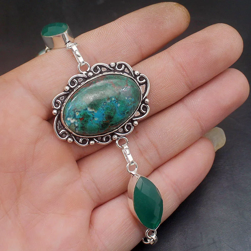 

Unique GreenAgate Sea Sediment 925 Sterling Silver Color Women Links Chain Bracelet 8.25 Inch H557