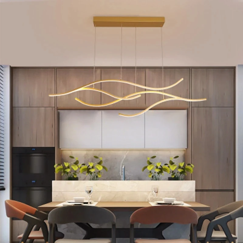

Modern Nordic LED Pendant Light Metal Artistic Painted Finishes Artistic Wave Design Black Gold Hanging Lamp for Dining Room