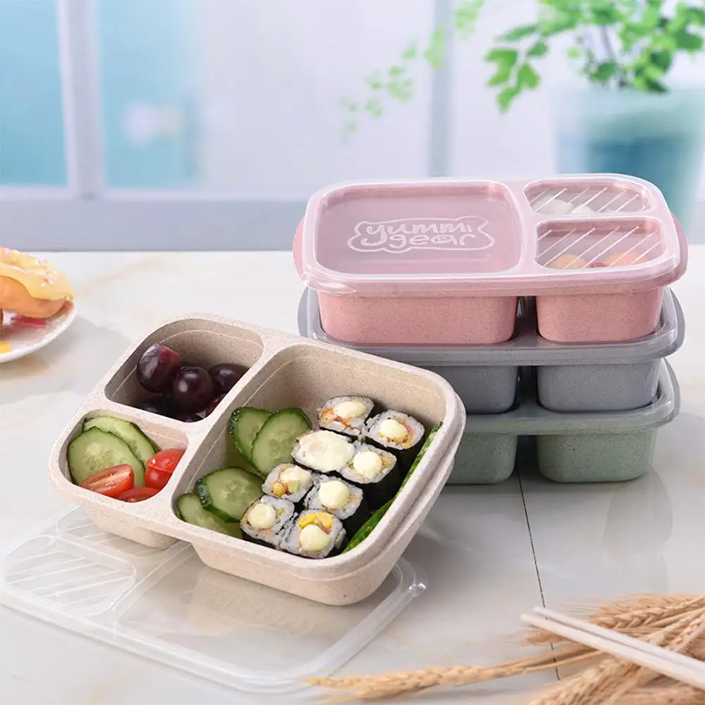 

3 Lattice Wheat Straw Lunch Box Leak-Proof Food Preservation Microwave Oven Food Container Bento Box Lunchbox Tableware