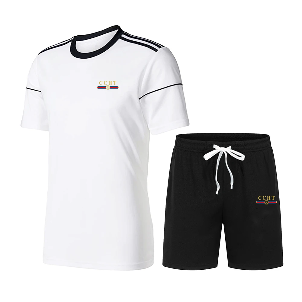 

2021 New Summer Fashion Brand CCHT Printing Men's Striped T-Shirt Shirt+Sports Shorts Leisure Business Leisure Fitness Beach Set