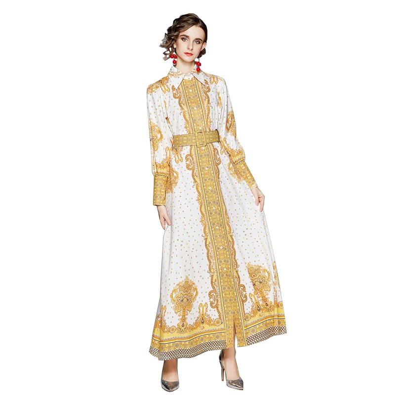 

2021 Newest Spring Women Vintage Print Dress Stand Collar Button Puff Sleeve Long Robe Fashion Chic Flower Streetwear Maxi Dress