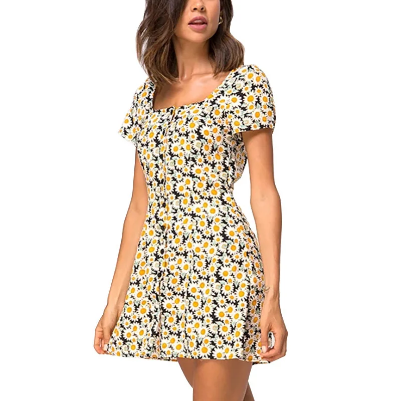 

2021 Summer New Yellow Flower Printed Short Sleeve High Waist Chiffon A Line Dress Women Square Collar Casual Mini Dresses