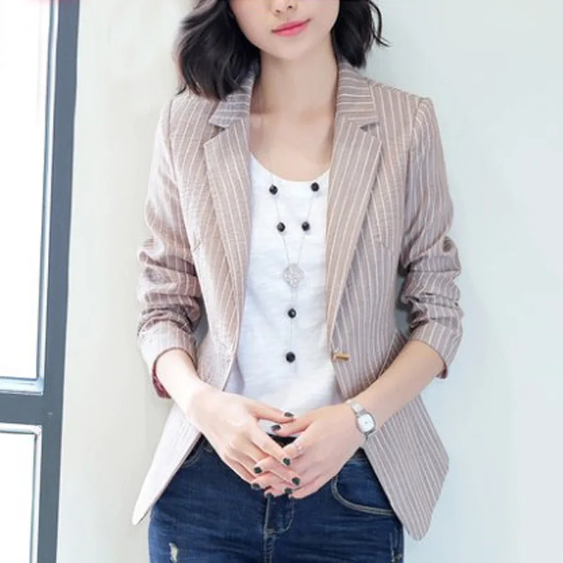 Elegant Womens Single Button Notched Collar Striped Blazer Korean Vintage Fashion Casual Slim Fit Plus Size Female Suit Coats | Женская
