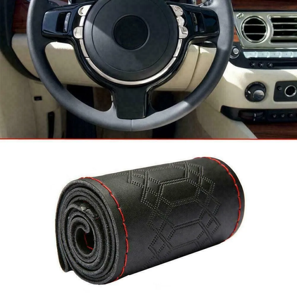 

Fit 38cm Universal DIY Car Steering Wheel Cover Black Genuine Thread Leather+Red Steering Wheel Cover