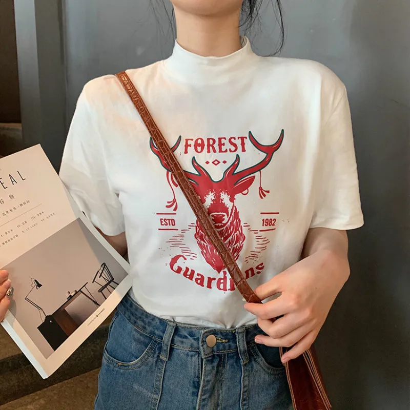 

T-shirt Women Short Sleeve Elegant Printed Korean Style Trendy Womens Clothing Daily Turtleneck Simple Summer Crop Top Harajuku