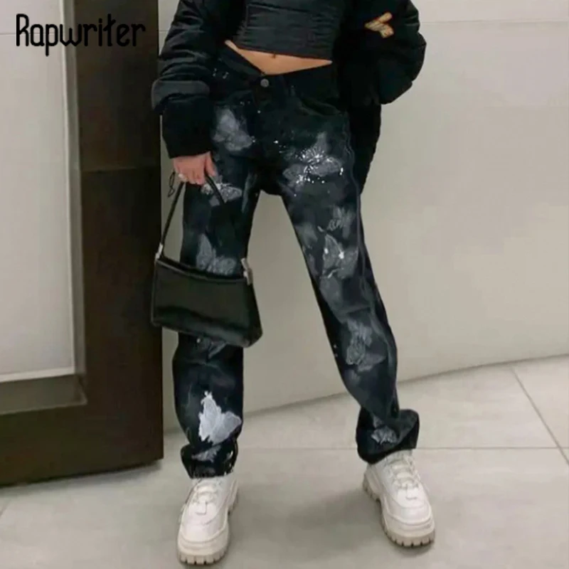 

Rapwriter y2k Butterfly Jeans Gothic Black Pants Harajuku Mid Waist Denim Pants Vintage Cargo Pants Women Sweatpants Streetwear