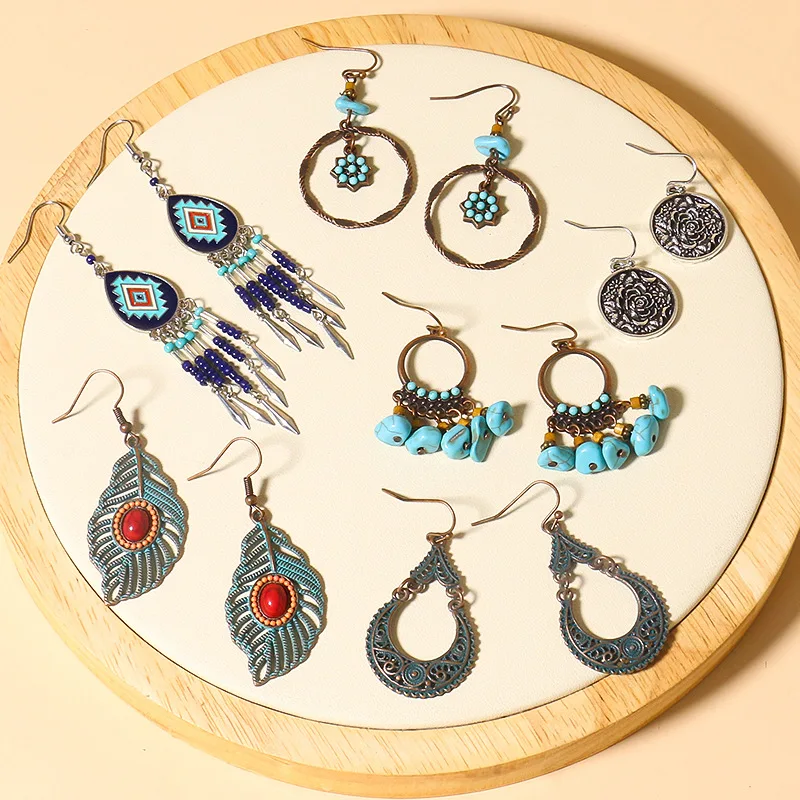 

2020 New Ethnic Wooden Stones Bead Earring Vintage Long Leaf Flowers Shaped Dangling Earrings Jewelry