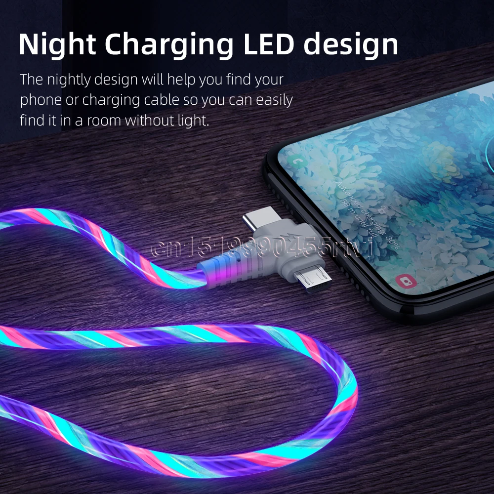 3in1 Flow Luminous Lighting USB Cable for iPhone 14 13 12 Pro 3 in 1 2in1 LED Micro USB Type C 8-Pin Charger for Huawei Xiaomi