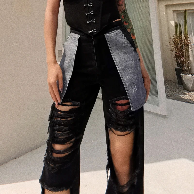

TWOTWINSTYLE Casual Patchwork Pocket Hole Jeans For Women High Waist Streetwear Denim Pants Female Fashion New Clothing 2021