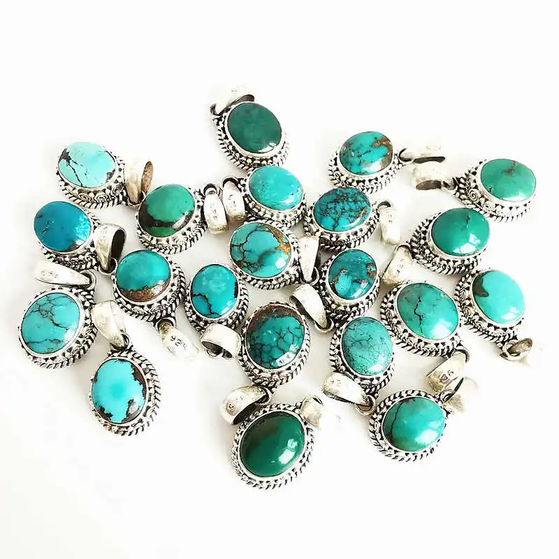 Real Silver Jewelry Nepal 925 Sterling Silver Inlay Natural Turquoises Charms T9071