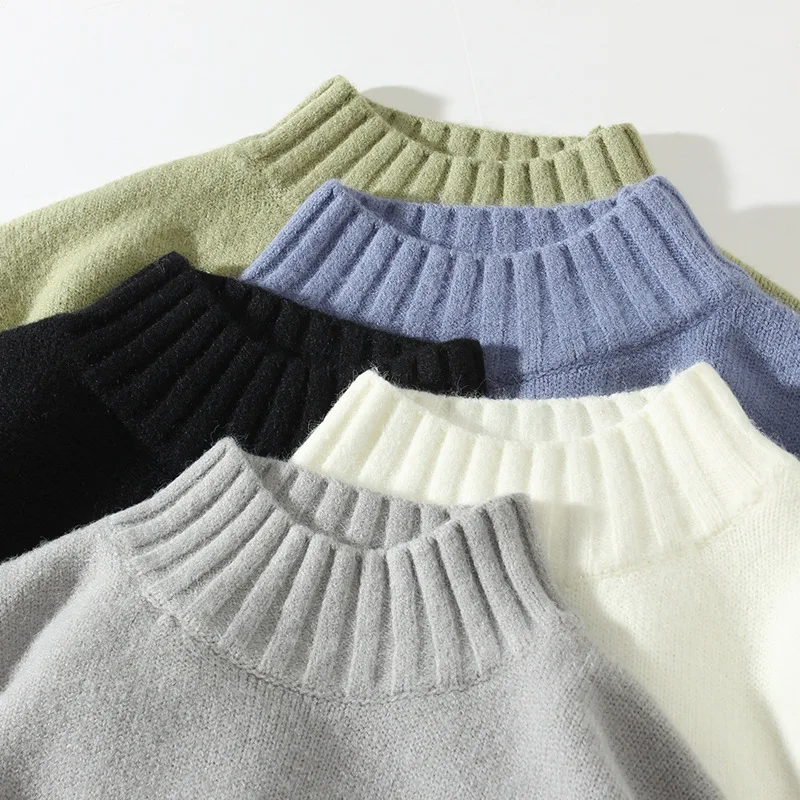 Мужской вязаный Свитер оверсайз с высоким воротником милая синяя винтажная