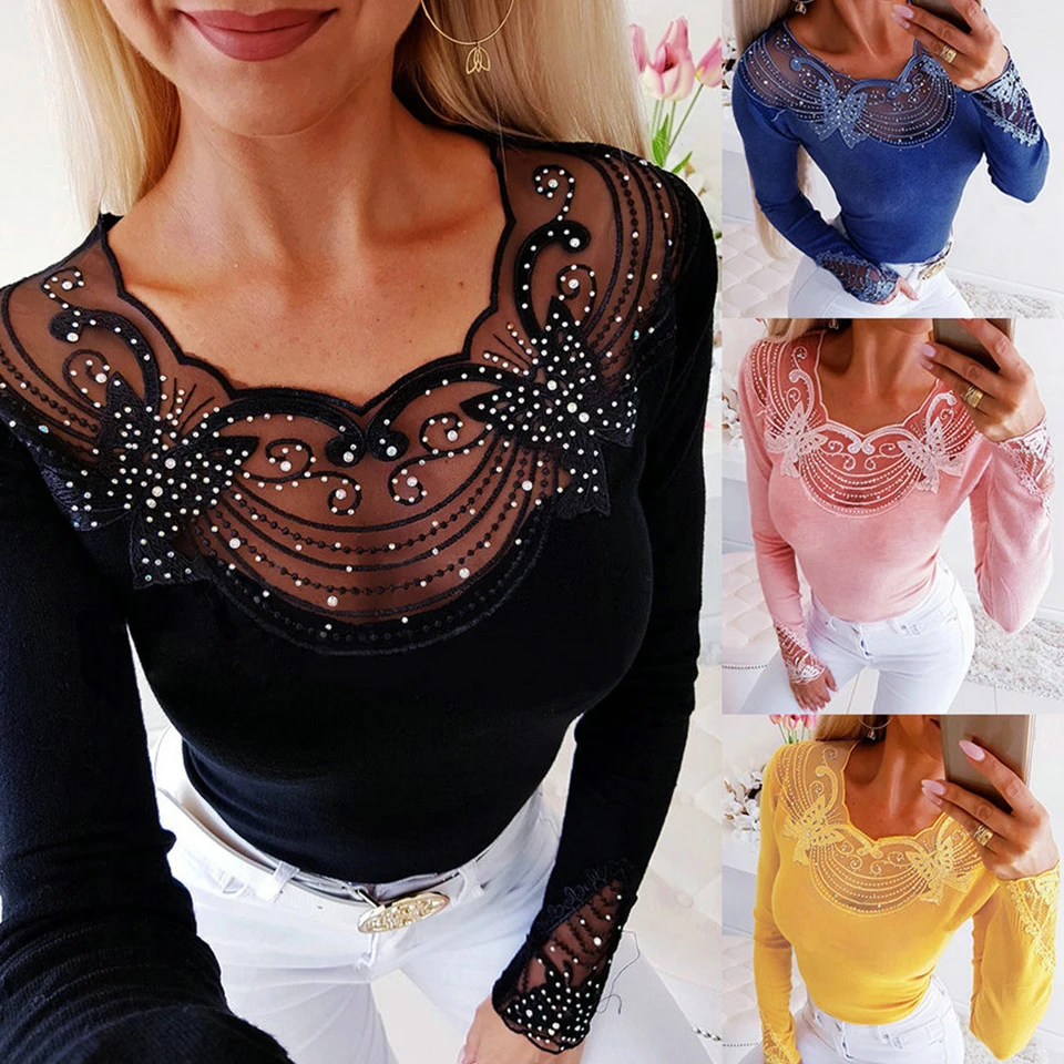 

Crochet Lace Floral Mesh Top Pullover Beaded T Shirt Patchwork Slim Bodycon Tshirt Women Long Sleeve Hollow Cut Out Shirt Tight