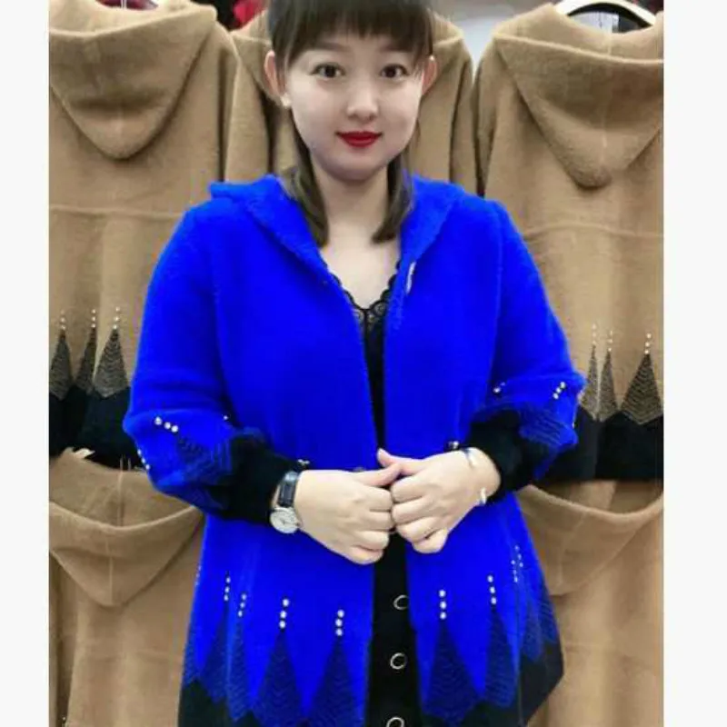 2021 Women Autumn Winter Faux Mink Velvet Cardigan Female Loose Hooded Sweater Coat Lady Printing Casual  Cardigans F109