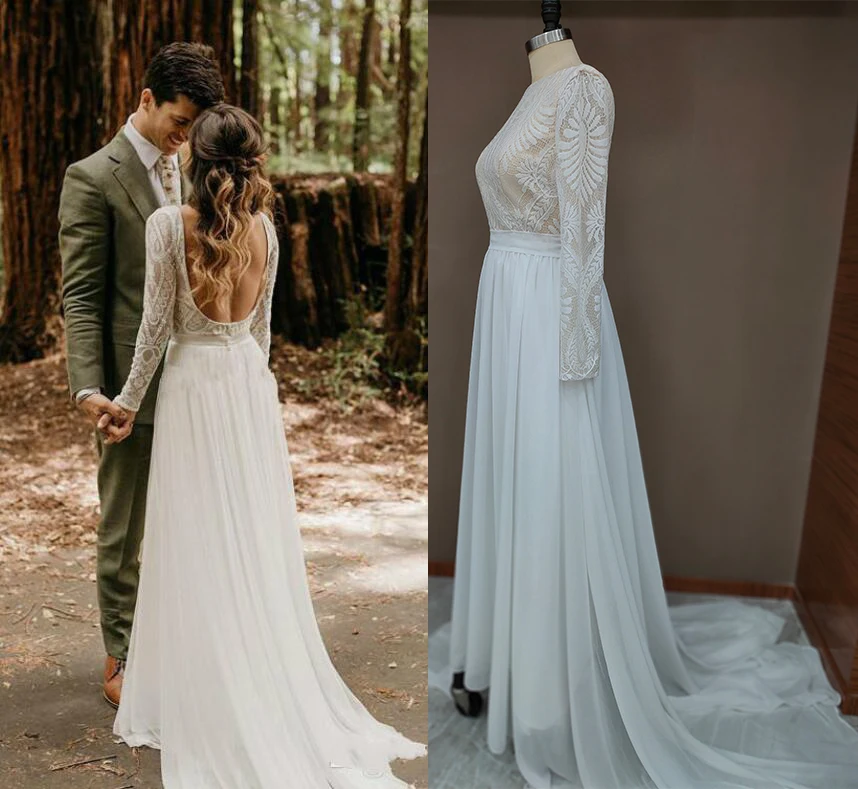 

Long Sleeve Lace Wedding Gown Boho Bridal Dress Garden Country Photography Bateau Backless Nude Lining Factory Price 1306#