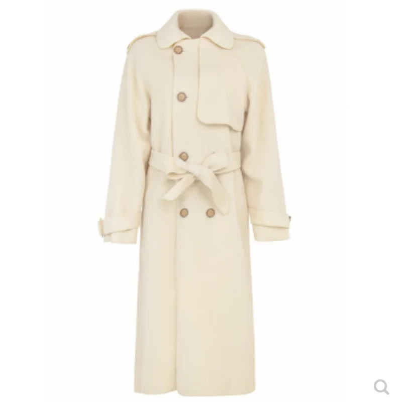 

autumn winter women stand collar double-breasted woolen coat belted double faced long coat