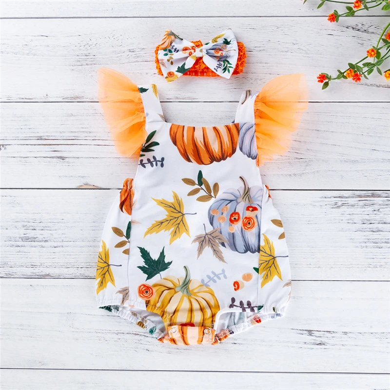 

2020 Newborn Baby Girls Romper Halloween Pumpkin Clothes Cute Romper Ruffles Sleeve Costume Headband Outfits For Baby 0-24M