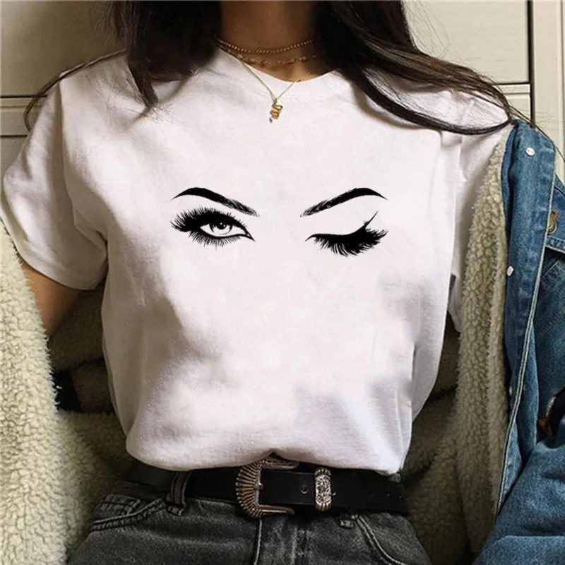 

Women Harajuku Streetwear 90s Tshirt Female Graphic Tshirt Korean top Tees Fashion Makeup Art Eyelashes Print Vogue T Shirt
