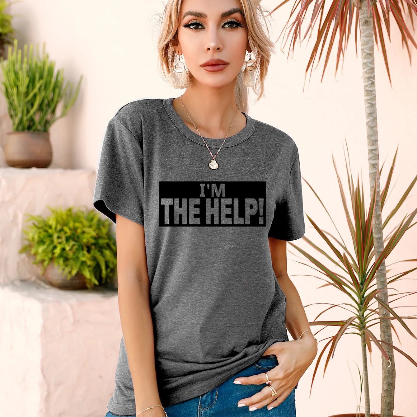 

Women Comfortable Tops Korean Style Colored Cotton Shirt Female Clothing Short Sleeve Originality Soft Im The Help Letter Print