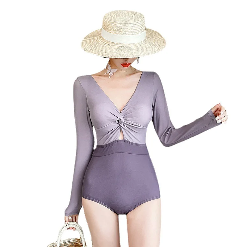

Swimsuit Female Separate Bathing Suit Women Rashguard For Sports Indoor 2021 Korean Girl Contrast Color Backless One Piece Long