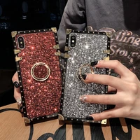 luxury rhinestone phone case for samsung s21 plus s20 fe ultra s10e s9 s8 note 20 10 9 8 tpu square back cover with ring bracket