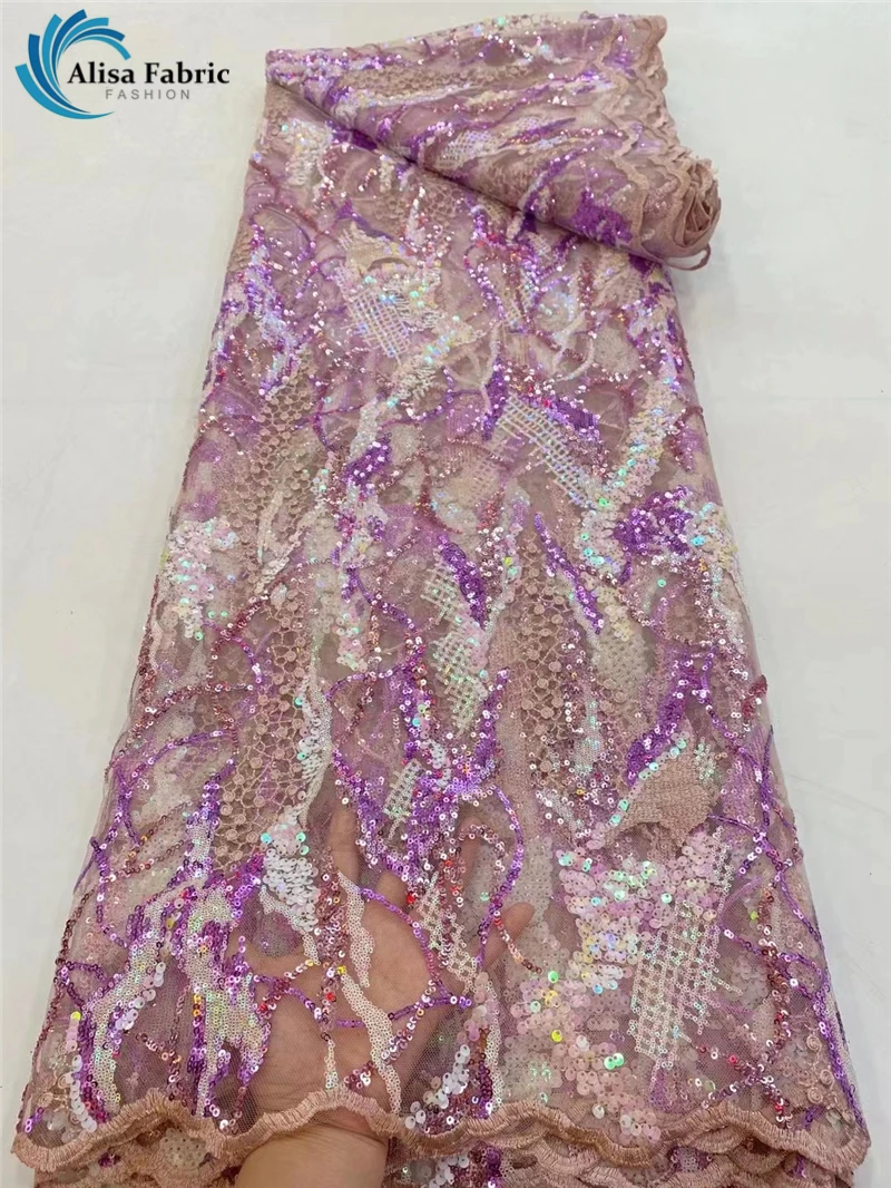 

African Sequins Lace Fabric 5 Yards Handmade Beaded Lace Fabric Embroidery French Lace Fabrics For Wedding Evening Party Dress