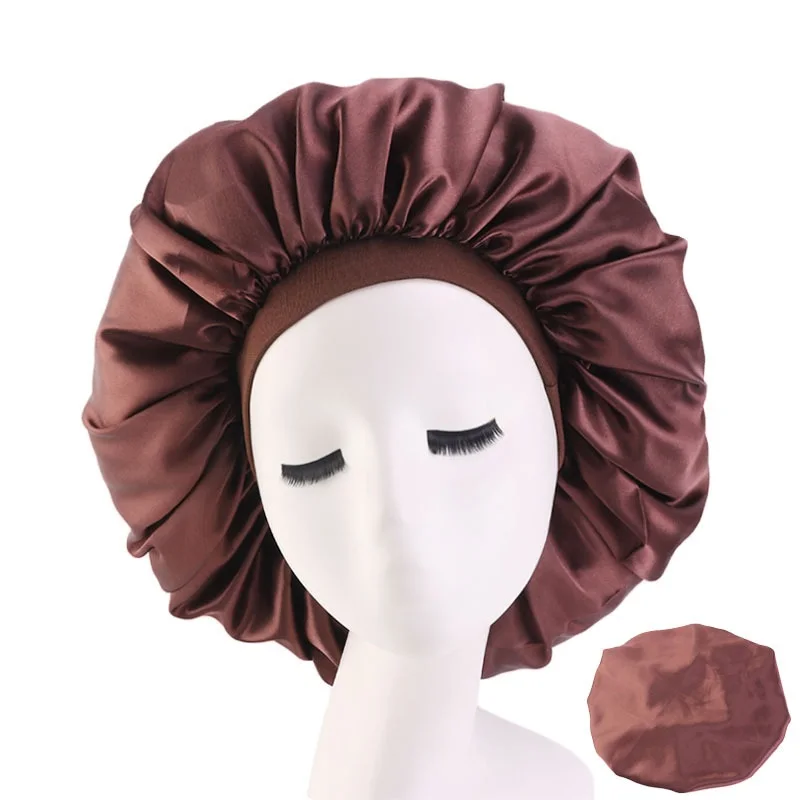 

Large Satin solid color nightcap wide brimmed elastic headtie perm hair cap