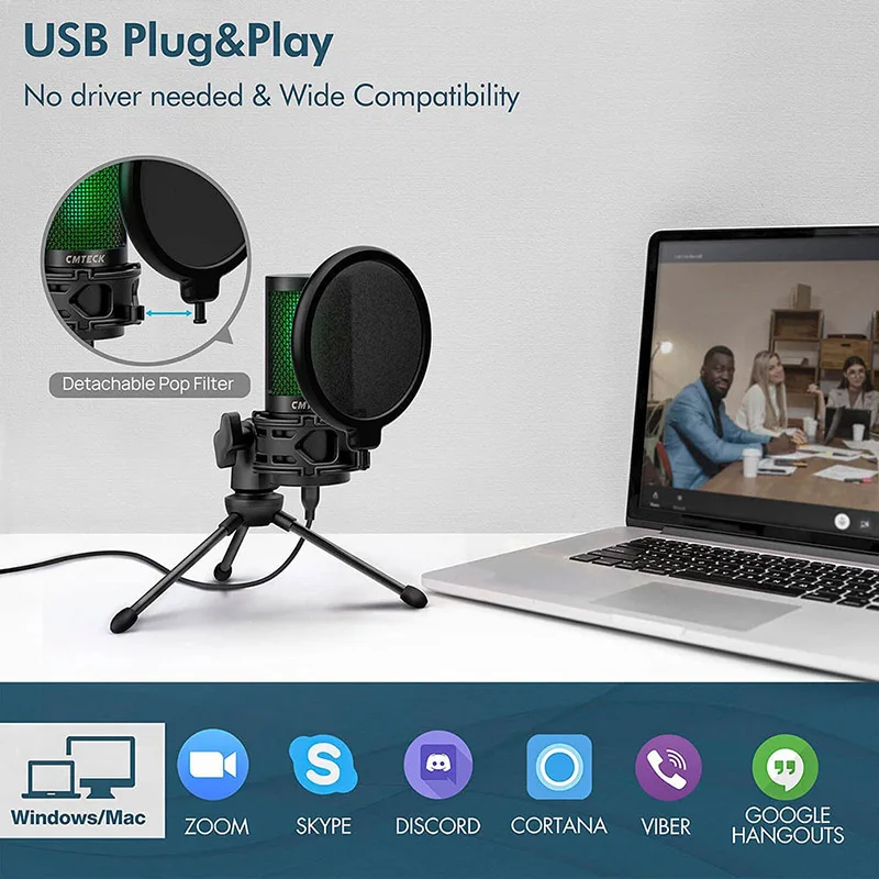 usb microphone condenser gaming desktop mic for pc laptop with mute button anti vibration shock mount pop filter free global shipping