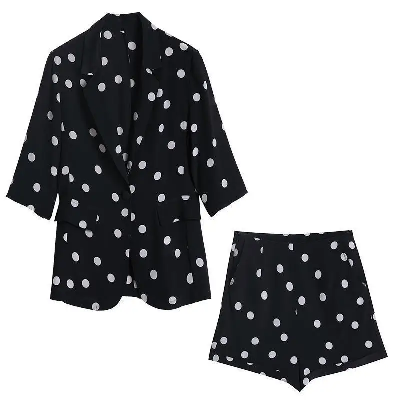 

Polka Dot Print Fashion Suit Summer Clothes 2021 Slim V-Neck Half Sleeve Blazer High Waist Wide-Leg Shorts Set for Women Y458