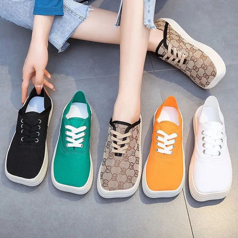 

Square head canvas women shoes 2021 new fashion casual wild cute ugly white shoes doll shoes two wear single shoes