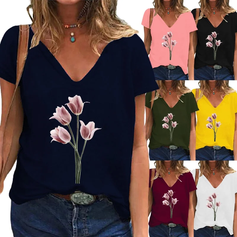 

Женская свободная футболка с цветочным принтом, V-образным вырезом и коротким рукавом