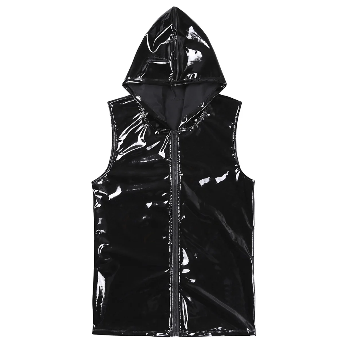 Black Mens T-Shirt Wet Look Patent Leather Nightclub Streetwear Sleeveless Hoodie Clubwear Hip Hop with Zipper Closure | Мужская одежда