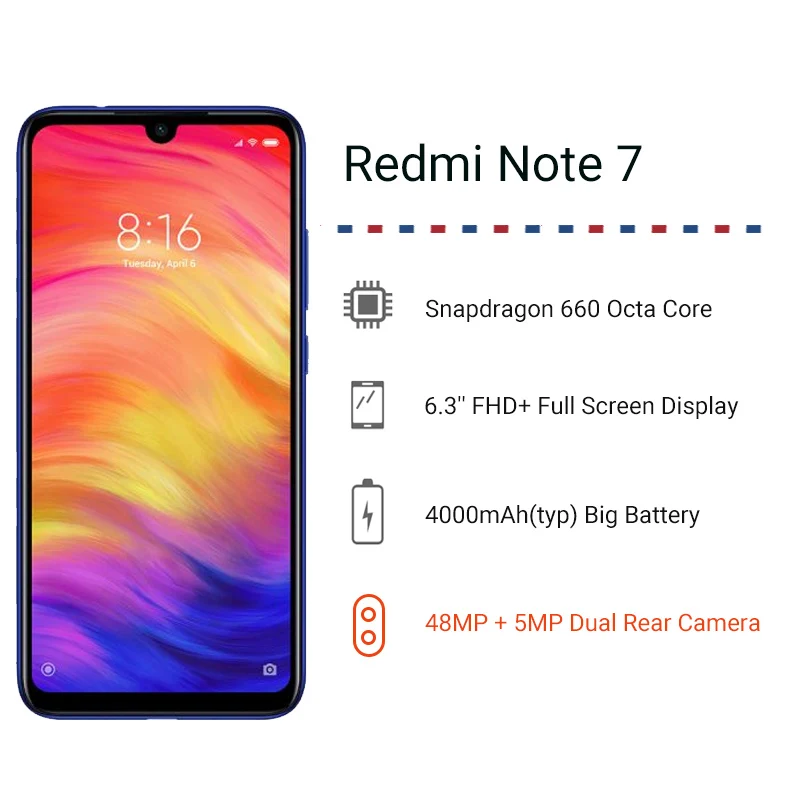 Xiaomi Redmi Note 7, глобальная версия, 3 Гб ОЗУ, 32 Гб ПЗУ, мобильный телефон, Восьмиядерный процессор Snapdragon 660, 6,3 дюйма, 19,5: 9, полноэкранная, 48 МП, двойная камера