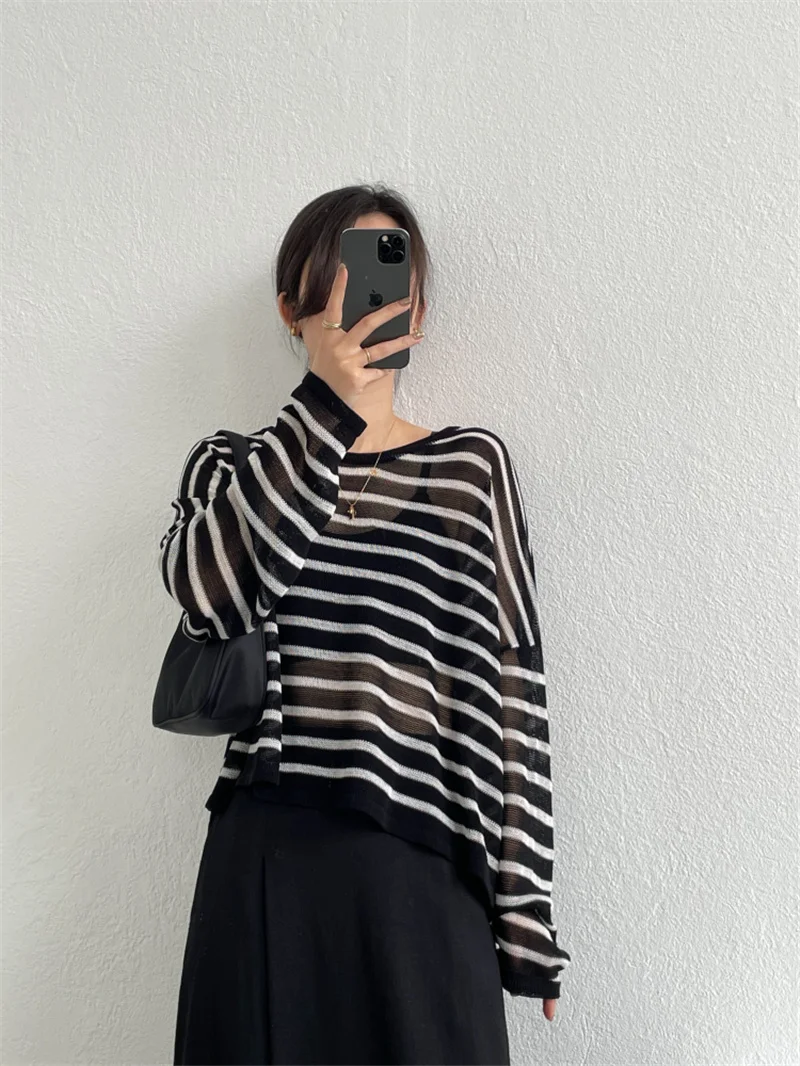 

Qooth Horizontal Striped Knit Causal Shirt Spring Summer Long Sleeve Loose Shirt Pullover O-neck Fashion All Match Shirt QT739