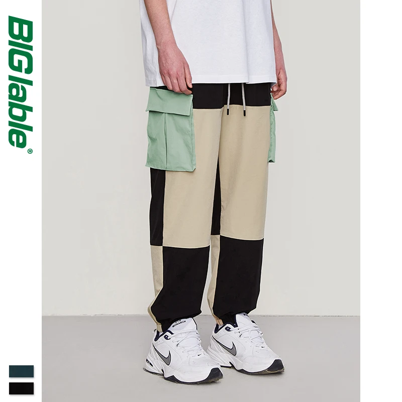 Большие уличные мужские брюки 2019 Осень Зима ветровка хип хоп цвет сшивание