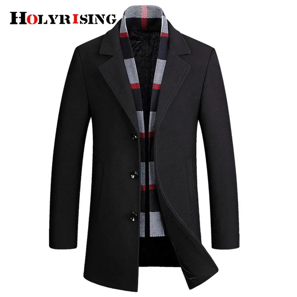 Holyrising Men Wool Coats Stylish Detachable Scarf Jackets Wool Blend Business Jacket Slim Single Breasted Comfot PeaCoat 19280