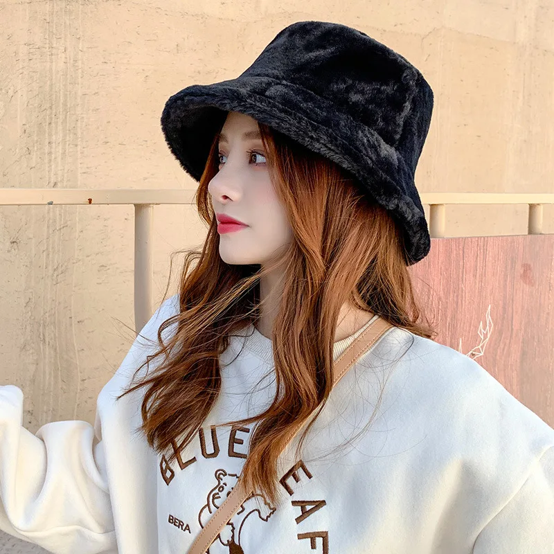 

Women Hat Solid Artificial Fur Warm Female Cap Faux Fur Winter Bucket Hat for Women Outdoor Sunscreen Sun Hat Panama Lady Cap