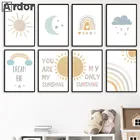 Настенный постер для детской комнаты, рисунок на холсте с изображением облаков, Луны, солнца, радуги, цитаты в скандинавском стиле, декор для детской комнаты