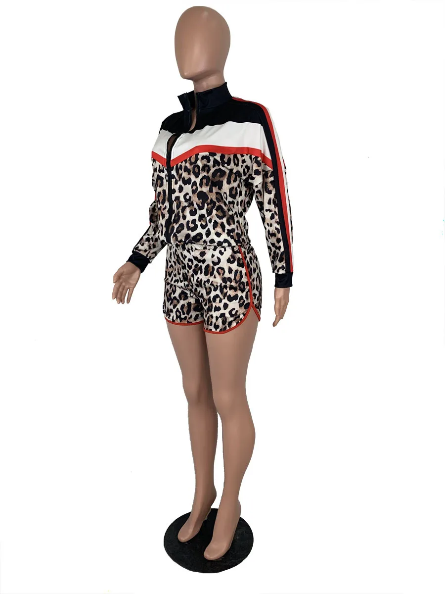 New Leopard Print Patchwork Elegant Women's set Tracksuit Long Sleeve Sweatshirt Shorts Suit Sporty Two Piece Set Outfits GL972 | Женская