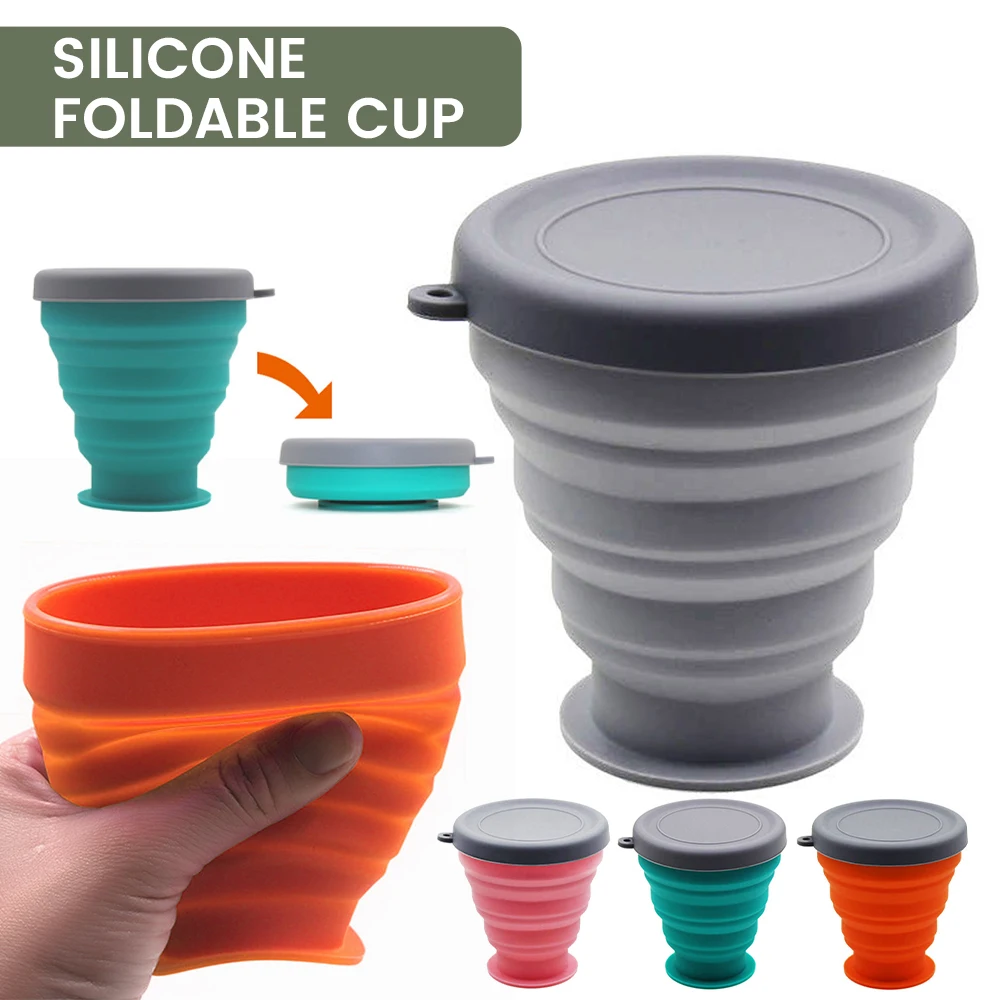

Silicone Collapsible Travel Cup Outdoor Portable Folding Camping Cups With Lids Lanyard Expandable Drinking Outdoor Hiking
