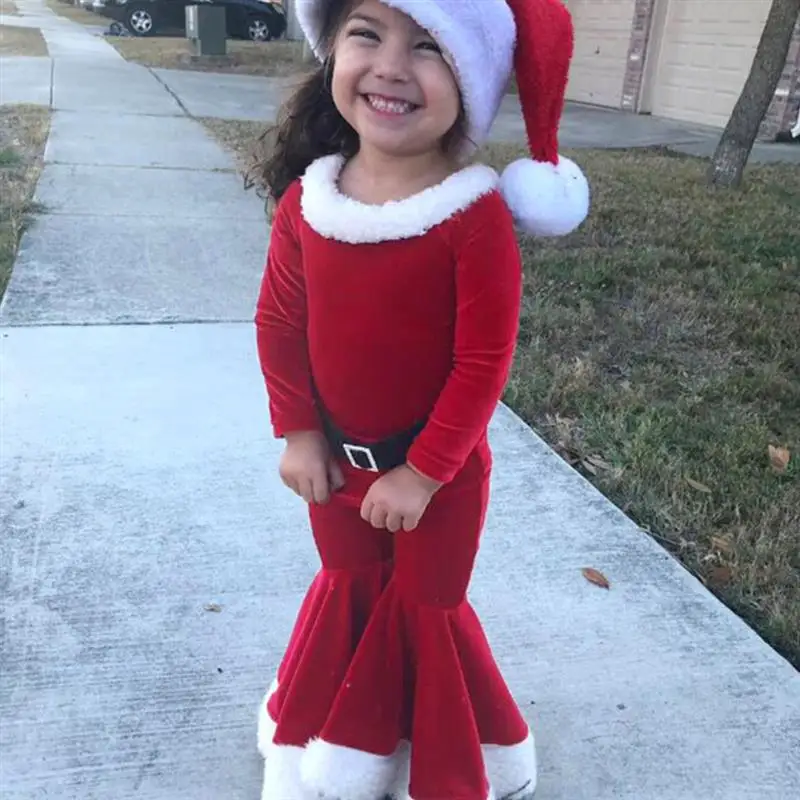 

Children Christmas Clothes Set Long Sleeve Bell Bottom Velvet Xmas Santa Claus Costume 4PCS Outfits Set for Baby 2-5 Years Gift