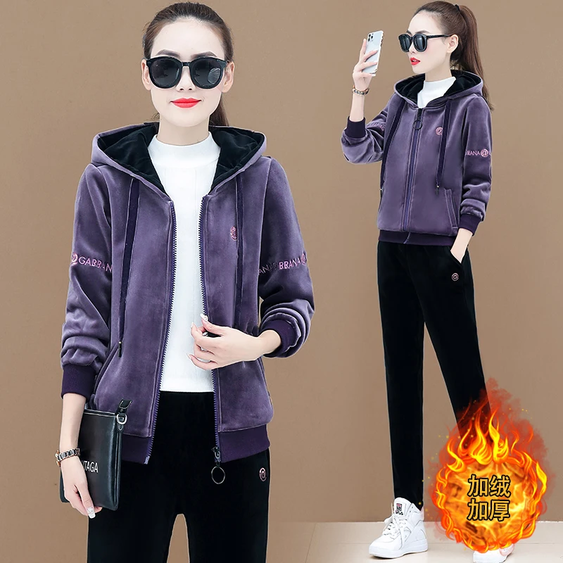 

Velvet tracksuit for women 2020 winter female large size hoodies jackets+pants suits women's casual plus size two-piece sets